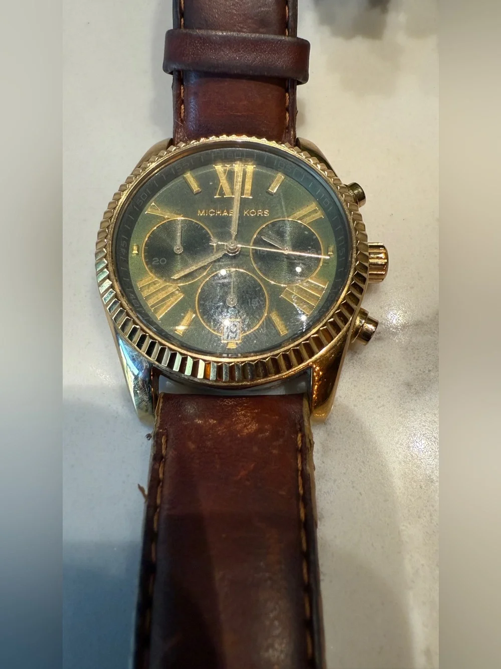 Michael Kors MK2437 Green Dial Chronograph Watch | Gold Tone Brown Leather